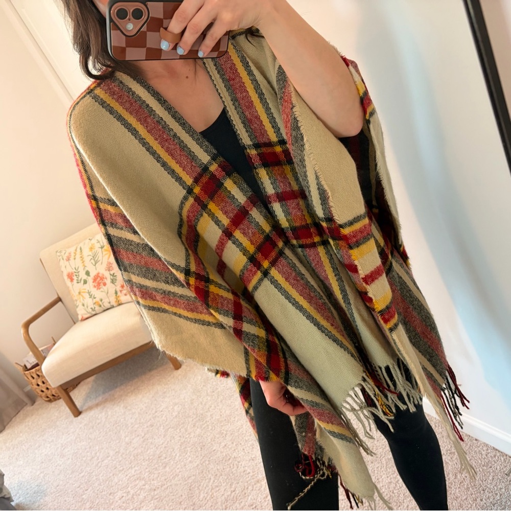 Women’s Plaid Fringe Poncho Sweater in Tan One Size